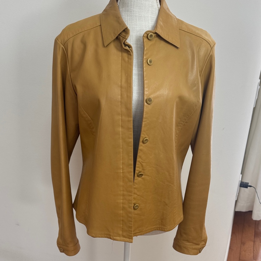 Elements by Vakko Soft Leather Button-Front Jacket in Camel size L